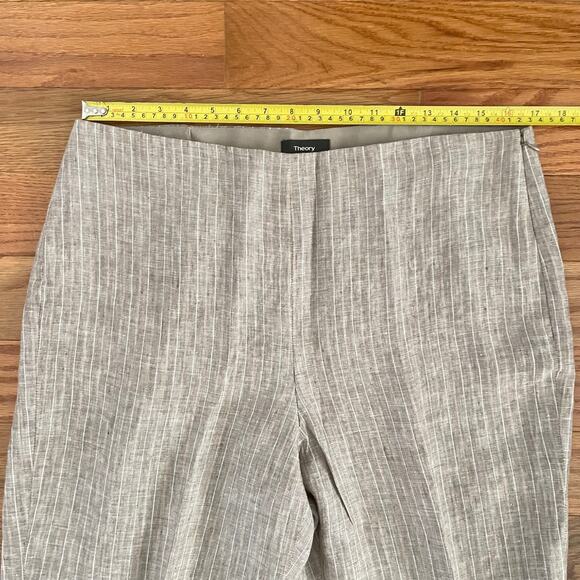 Theory Clean Cropped Linen Pants Womens 12 Tan Striped Career Chic Minimalist - Picture 7 of 10